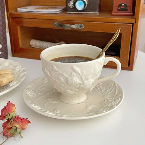 Pure White Rose Coffee Cup and Plate Set French Small Luxury Exquisite Retro Rose Relief Ceramic Plate French Elegance