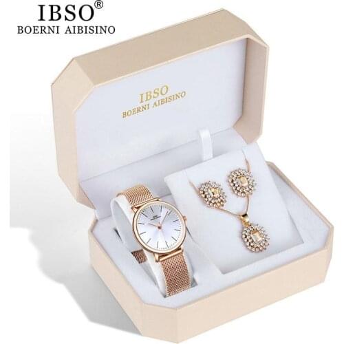 Ibso Brand New Womens Watch Set Rose Gold Watch Earring Necklace Set Jewelry Sets Hot Sale Mothers Day Gift Dropshipping