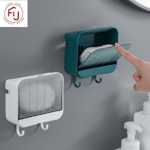 Creative Wall Mounted Soap Box With Lid Grids Soap Draining Rack Soap Holder With Hooks Organizer Punch-free Storage Box