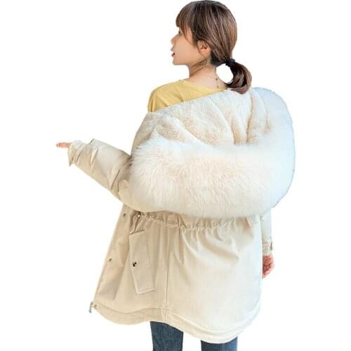 Winter short parker plus velvet slim down cotton padded jacket 2020 long sleeve solid zipper warm hooded fur collar female W66