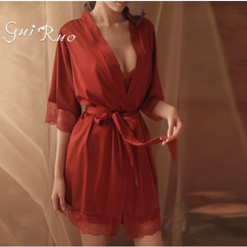 Summer Elegant Lady‘s Lace Sexy Women Skirt Uniforms Sexy Lingerie Underwear Nightdress Deep V Female Pajamas Bathrobe