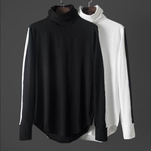 M-2xl Autumn And Winter High Street Wind High Collar Bottoming Shirt Tide Mens Stitching Loose Stretch Long Sleeve T-shirt