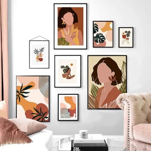 Fashion Woman Boho Posters and Prints Pictures Abstract Geometric Girl Leaf Flower Wall Art Canvas Painting Home Decor Cuadros