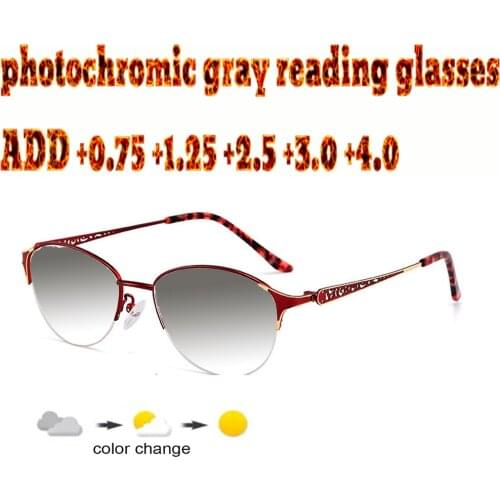 Photochromic Gray Reading Glasses Metal Frame Fashion Trend High Quality Fashion Men Women+1.0 +1.5 +1.75 +2.0 +2.5 +3 +3.5 +4
