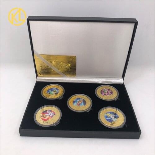 5 Designs Saint Seiya Gold Saints Gold Plated Coins Collectibles with Nice Box Japanese Challenge Anime Coins Gift Set