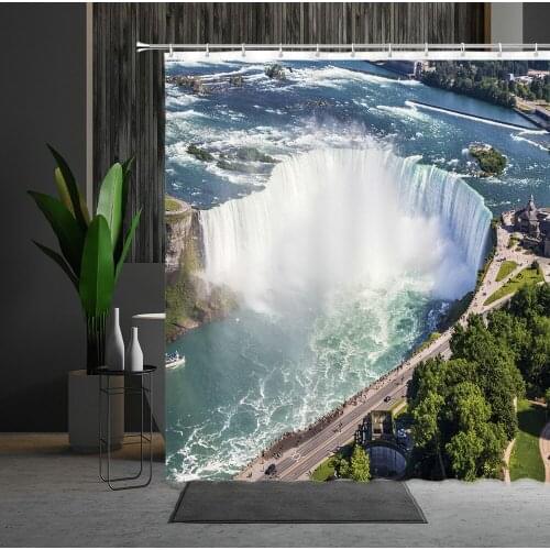 Shower Curtain Natural Scenery Forest Waterfall Pattern Polyester Fabric Bath Curtain Bathtub Decor Multiple Size