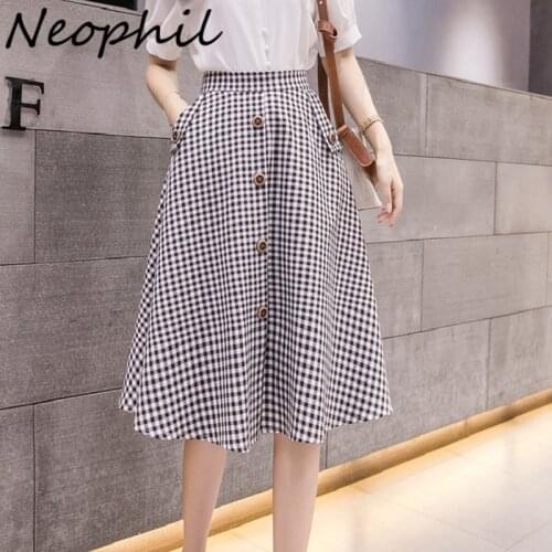 Noephil 2021 Plaid Women Summer Midi A-Line Skirts Female Tartan Fashion Preppy England Style Flare Button Skirt Jupe S21408