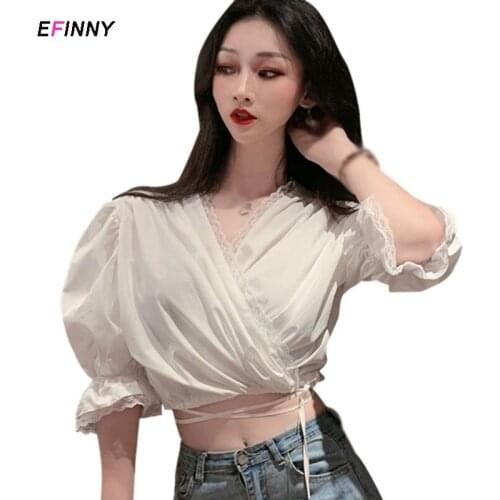 Sexy Lace Womens T-shirt Ladies V-neck Long Sleeve Tops Black White Crop Tops Ladies Summer Clothing 2021 Fashion Clubwear