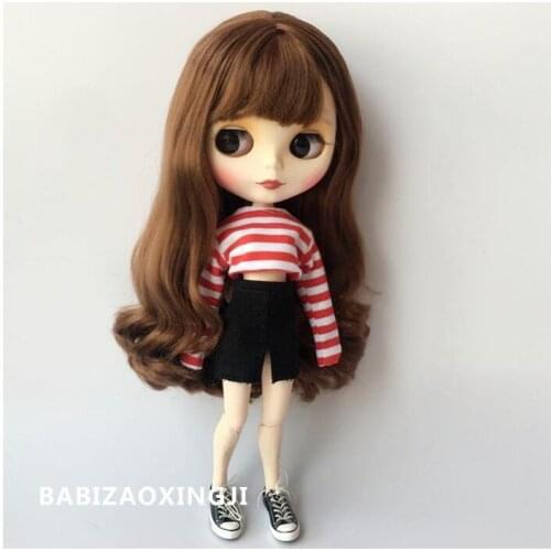 T02-X204 Blyth Doll clothes 30cm 1/6 dolls Azone Accessories Stripe shirt with denim skirt 2pcs/set