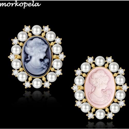 Morkopela Victorian Style Cameo Brooch Pins Vintage Costume Brooches Simulated Pearls Broches Jewelry Gifts For Women