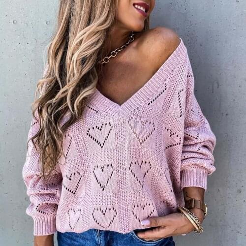 Women Autumn Winter Sweater Blouse Solid Color V-neck Heart-Shaped Long Sleeve Pullover Shirt Casual See Through Knitted Top