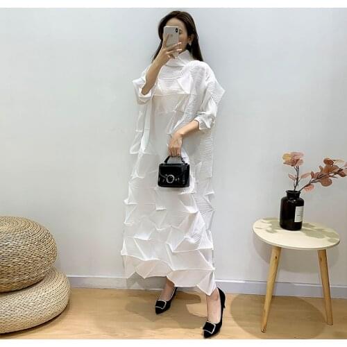 SuperAen 2021 New Spring Slimming Solid Pleated Irregular A-Line Three Quarter Ankle-Length Woman Dress