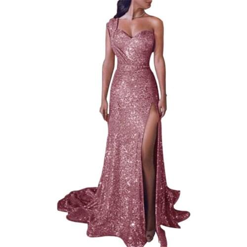 2020 New Womens Formal V-Neck Sequin Long Solid Color Simplicity One Shoulder Sexy Sleeveless Split Floor Length Dress