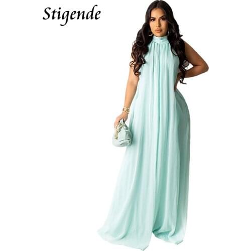 Stigende Women Sexy Backless Chiffon Long Dress Open Back Halter Neck Maxi Dress Party Wear Summer Zipper Loose Beach Dress