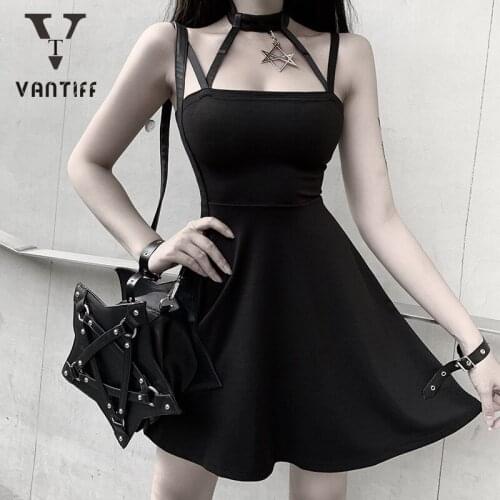 Goth Hanging Neck Personality Dress Knitted Elastic Comfortable Skirt Womens Heart Machine Bare-back Womens Skirt Summer