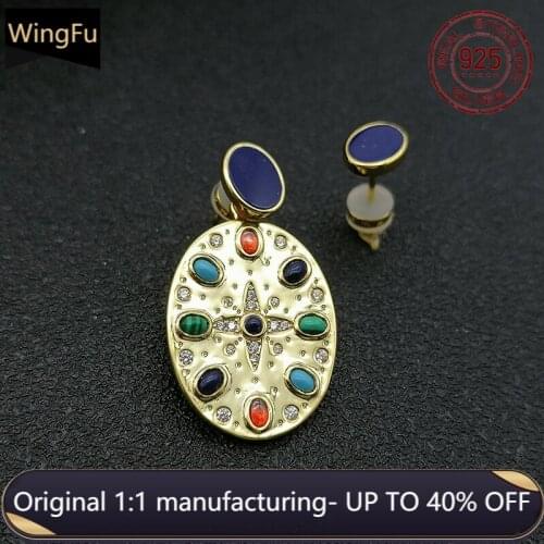 2021.7 month new S925 sterling silver Monaco jewelry golden round earrings Roman style original blue stone jewelry gift