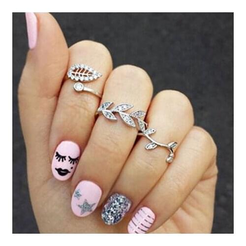 Ra365 Europe Trendy Crystal alloy Leaves Sweet joint Finger Knuckle Rings Female charm jewelry 3 pcs/set