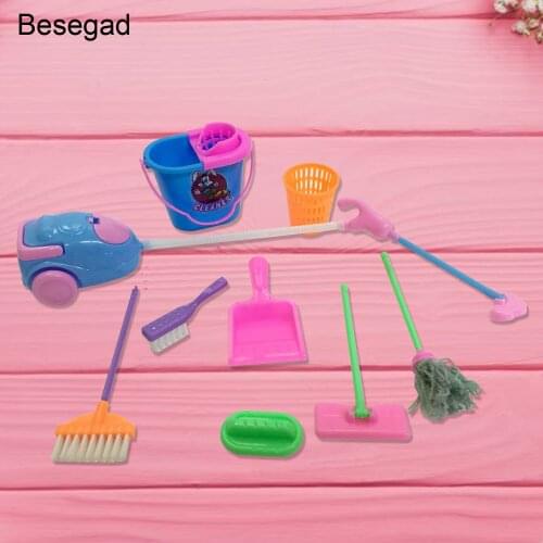 Besegad 9pcs Mini Cleaning Tools Cleaning Bucket/Broom/Mop/Vacuum Cleaner/Take over Brush Dollhouse Accessories for Barbie Toy