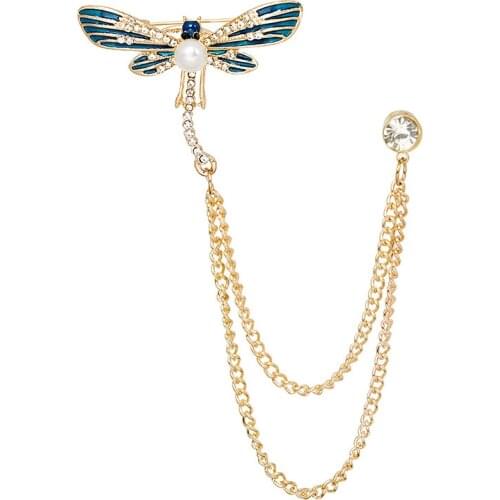 Retro Rhinestone Butterfly Pearl Brooches Dragonfly Insect Tassel Chain Enamel Pins Shirt Suit Corsage Neutral Fashion Jewelry