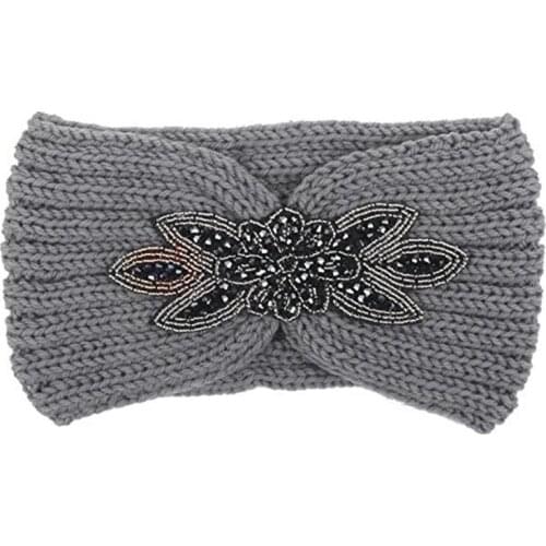 Women Sequin Knitted Hairband Flower Rhinestone Beaded Ear Warmer Wide Head Wrap