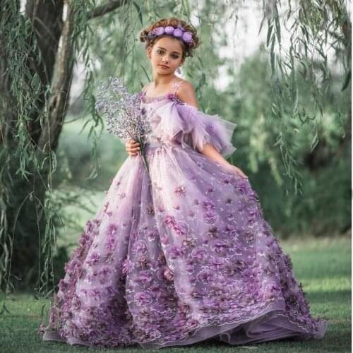 Purple Flower Girl Dresses for Wedding Spaghetti Straps 3D Floral Appliqued Little Kids Pageant Gowns A Line Vestidos De Desfile