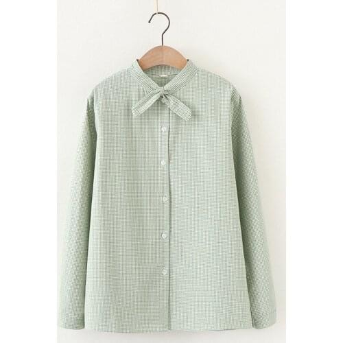 Plaid Shirt Women Tops And Blouses Cotton Bow Tie Collar Long Sleeve Casual Clothes Loose College Style Checked Girls Shirts