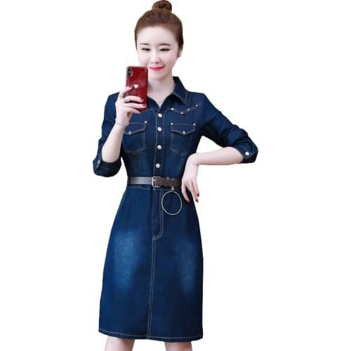 New Fashion Women Spring Dresses 5XL Plus Size Long Sleeve High Waist Pocket vestir Office casual Slim Female Denim Dress OK756