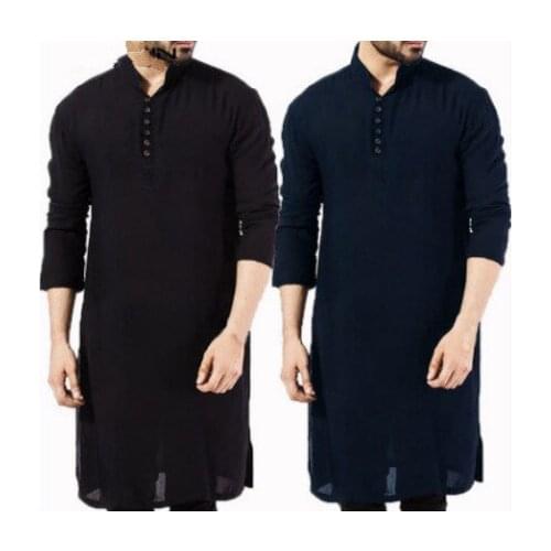 Men Islamic Arab Muslim Kaftan Stand Middle East Pakistan Saudi Arabia Abaya Dubai Solid Color 3/4 Sleeve Muslim Robe S-5XL