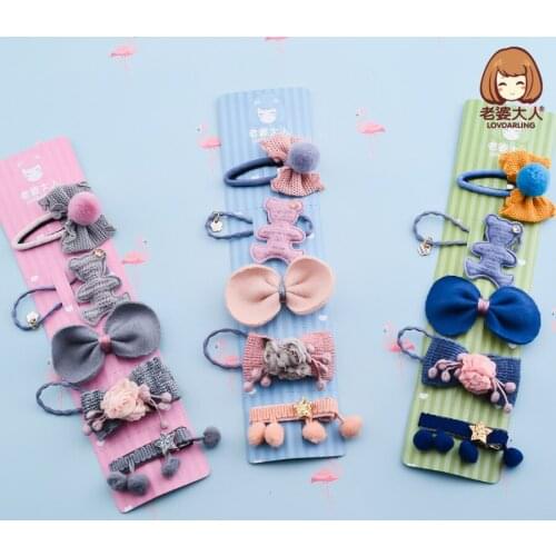 New Korean Style Woolen Bear Bow Plush Ball Flower Hairpin Hair Band Combination Set