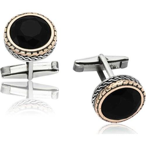 Silver Round Black Stone Cufflinks