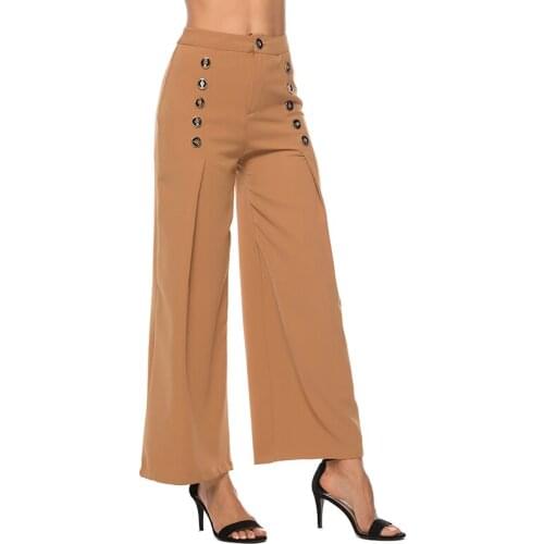 High Waist Wide Leg Pants Office Lady Buttons Long Trousers 2020 Women Plain Workwear Pants