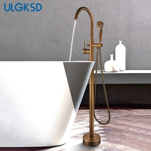 ULGKSD Single Tube Antique Floor Stand Faucet Floor Mounting W/ Brass Hand Shower Tub Spout Para Bathroom Shower Mixer Tap