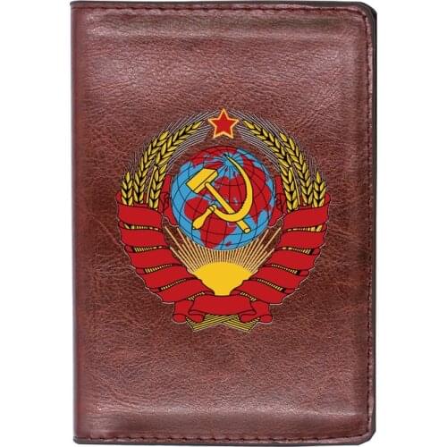 High Quality Leather Soviet Union Sickle Hammer Printing Travel Passport Cover ID Credit Card Case