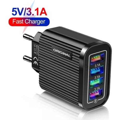 EU US Plug Mobile Phone Charger Travel Charging Smart Tablet Charger Head 4USB Stripe Luminous Chargers For Phone Charging Head