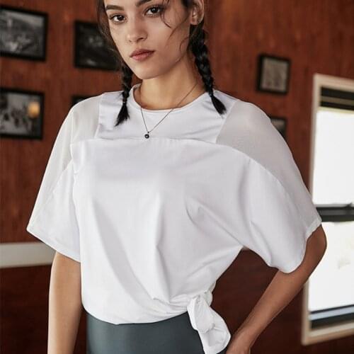 CretKoav New Network Yarn Patchwork Yoga Shirts Women Five-Point Sleeve Sport T-shirt Outdoor Loose Running Short-Sleeve T Shirt