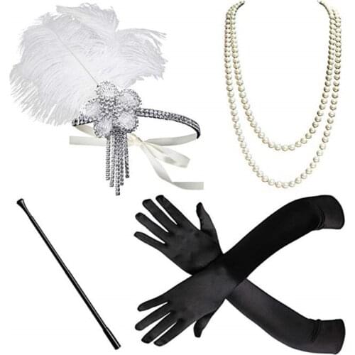 2021 1920s Flapper Dress Accessories Retro Party Props GATSBY CHARLESTON Headband Pearl Necklace White Feather Band For Wedding