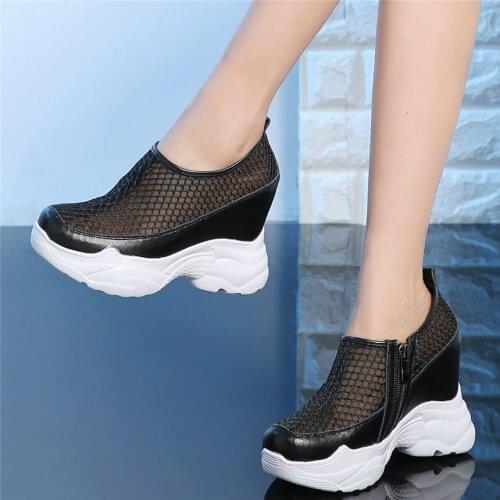 2020 Casual Shoes Women Genuine Leather Wedges High Heel Platform Pumps Shoes Female Breathable Mesh Round Toe Fashion Sneakers