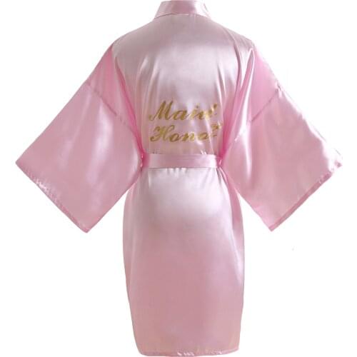 Womens Pink Satin Maid of Honor Robes Bridal Party Robe for Bride and Bridesmaid with Gold Glitter
