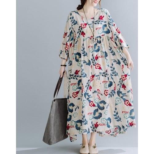 Oversized Women Cotton Linen Casual Dress New Arrival 2021 Autumn Vintage Style Floral Print Loose Female Long Dresses B920