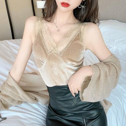 WWENN Sexy V-neck Vest Slim Ladies Female Camis Lace Tops Velvet 2021 Spring Fashion Women Tank Tops Sleeveless Cropped Top