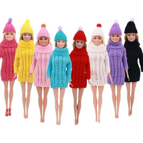 2Pcs/Set FreeShipping=1 Sweater+1 Gift(hat) Doll Clothes Knitted Sweater Solid Color For Barbie Doll Accessories Girl`s Toy Gift