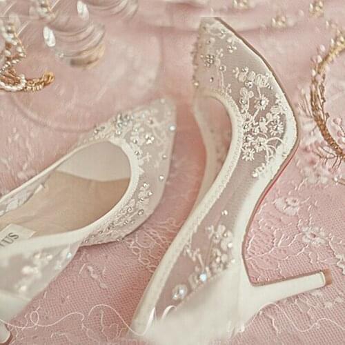2020 Beautiful Sexy Formal Dress Shoes Elegant High Heel Wedding Shoes Lace Rhinestone Spring Bridal Dress Shoes