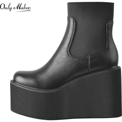 Onlymaker Round Toe Boots Wedges High Heel Slip-on Martin Boots Ankle Booties Platform Matte Black Big Size