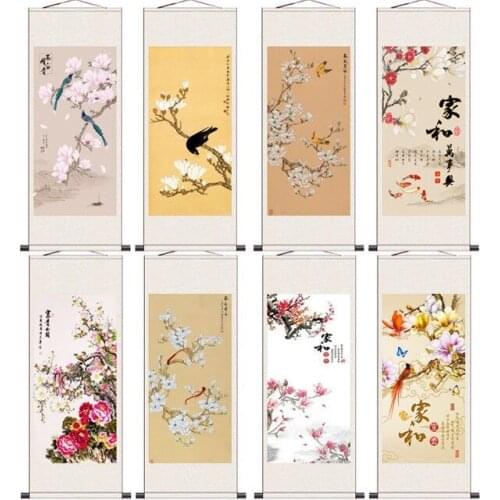 Flower Bird Scroll Calligraphy Painting Chinese Style Living Room Wall Art Hanging Painting Home Office Decor Canvas Posters