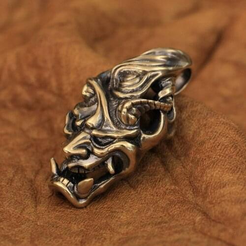 LINSION Details Brass Japanese Ghost Prajna Skull Pendant Mens Biker Pendant BR276 JP
