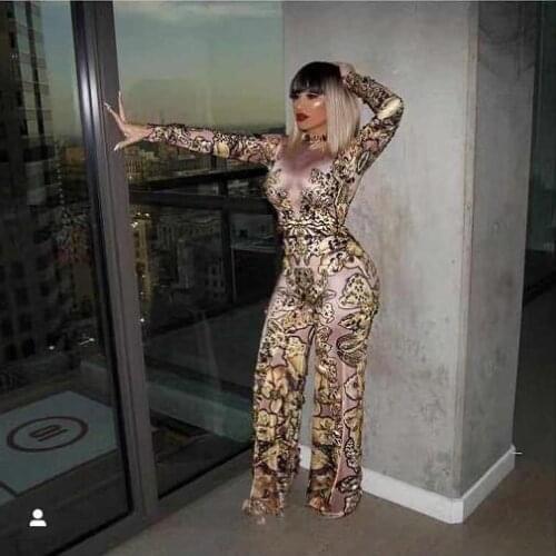 Skinny Gold Rhinestones Rompers Female Singer Dancer Big Pants Costume One-piece Bodysuit Nightclub Oufit Party Jumpsuit