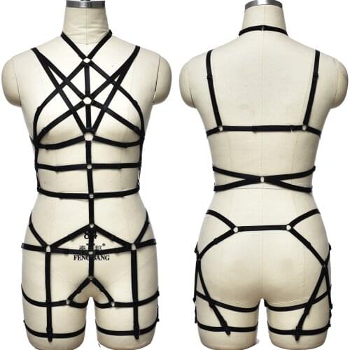Black Bondage Body Cage Bra Harness Belt Adjustable Sexy Lingerie Set Elastic Hollow Full Bodysuit Body Harness Leg Garter