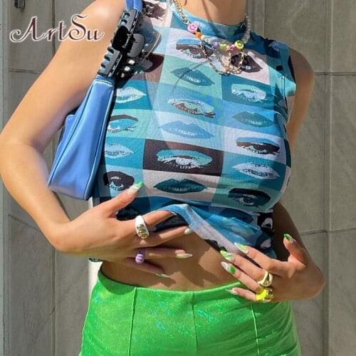ArtSu Sexy Mesh Crop Top Women 2021 Y2K Clothes Sleeveless Summer Lips Print Streetwear Basic Blue Casual Off Shoulder Tank Tops