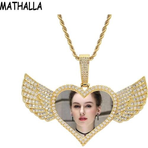MATHALLA Custom Photo Heart-Shaped Memory Medal Pendant Necklace Angel Wings Ice Crystal Cubic Zircon Pendant Hip-Hop Jewelry