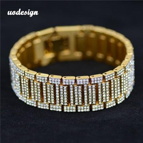 Mens Full Crystal Bracelet Gold Miami Curb Cuban Link Chain Bracelets For Men Iced Out Hip Hop Jewelry Dropshipping